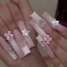 24 Pieces, Super Long Water Pipe Nail Powder Butterfly Pearl Love Fake Nail Burst Hollow Star Nail Patch - Hình ảnh - Xem 1