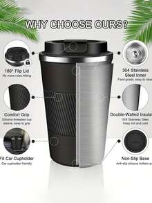 1pc Stainless Steel Mug Fashion Car Travel Mug Silicone Cover Flip Coffee Cup. - Multicolor - View 4