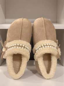 1双蝴蝶结休闲时尚优雅通勤仙女户外魅力街头魔术贴仿珍珠套脚家居派对办公室户外冬季甜美雪地靴舒适女鞋保暖鞋百搭休闲鞋厚底慵懒鞋女鞋 - 卡其色 - 查看 1