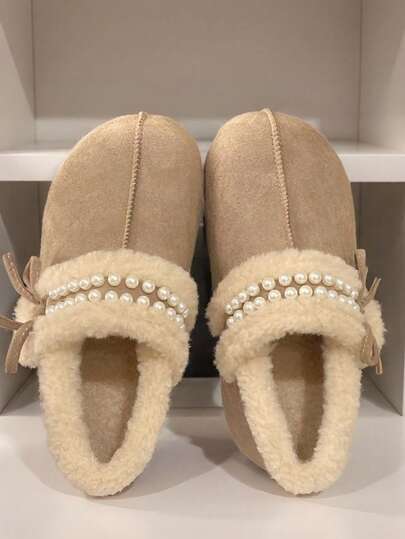 1双蝴蝶结休闲时尚优雅通勤仙女户外魅力街头魔术贴仿珍珠套脚家居派对办公室户外冬季甜美雪地靴舒适女鞋保暖鞋百搭休闲鞋厚底慵懒鞋女鞋