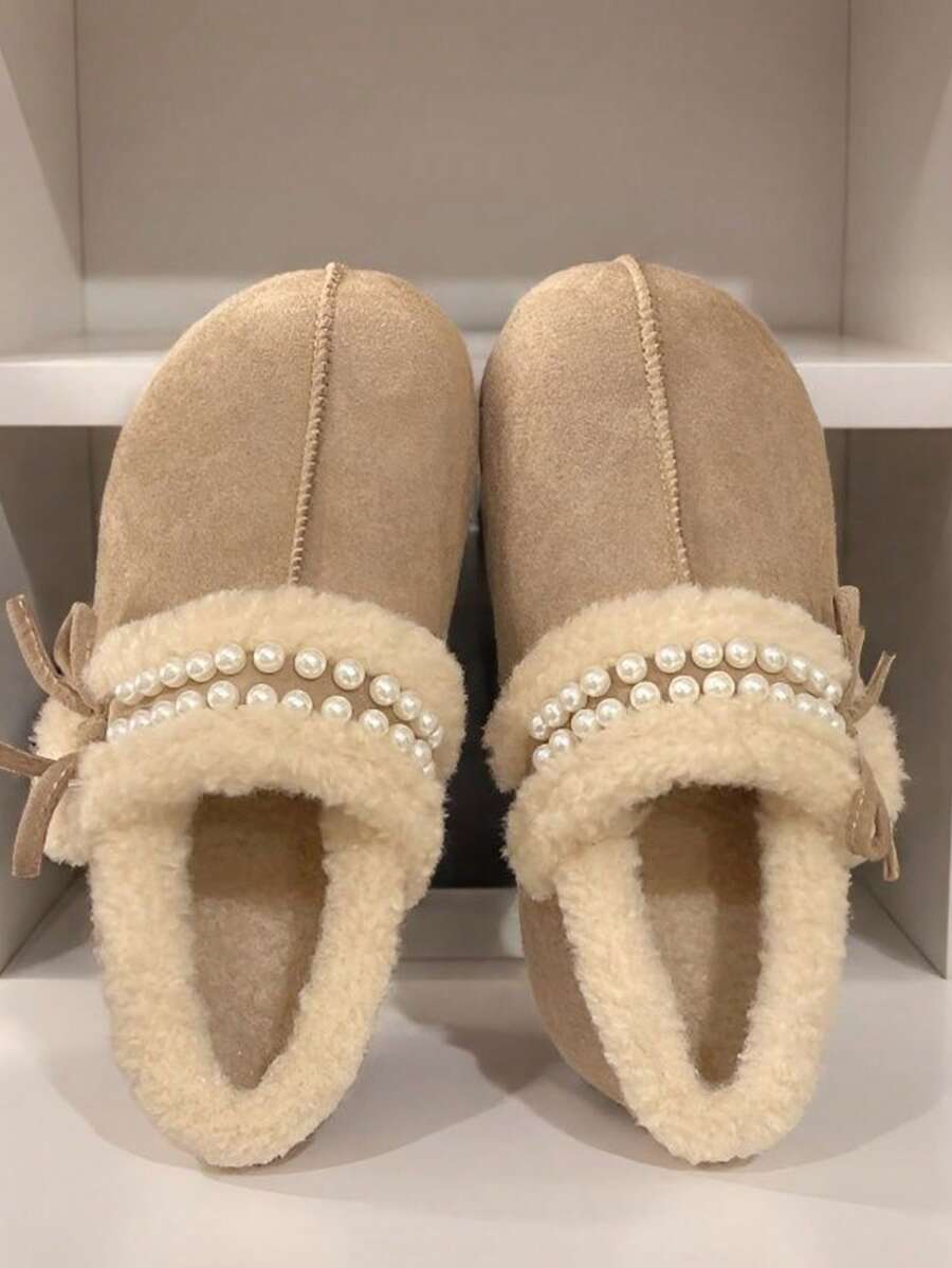 1双蝴蝶结休闲时尚优雅通勤仙女户外魅力街头魔术贴仿珍珠套脚家居派对办公室户外冬季甜美雪地靴舒适女鞋保暖鞋百搭休闲鞋厚底慵懒鞋女鞋 - 卡其色 - 查看 1