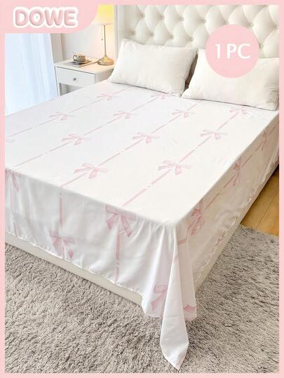 1pc 100% Lightweight Polyester Fabric Romantic Pink Heart Striped Bow Print Bedsheet, Breathable Love Themed Bedding, Cute Bedroom Decor Suitable For Adults And Teenagers