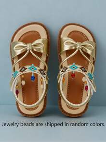 1 Pair Girls' Geometric Embroidery Butterfly Decor Sandals, Faux Leather, Non-Slip Flat, Ankle Strap, Bohemian Style, Summer, Popular Design, Soft Sole, Comfortable, Fashionable, Ideal Gift - Gold - View 3