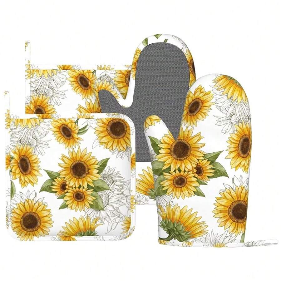Yellow Sunflower Oven Mitts Pot Holders Set Silicone Heat Resistant Sunflowers Oven Mitts And Hot Pads Yellow Flowers Potholders Non-Slip Oven Gloves For CooFKing BaFKing Grilling BBQ,Yellow - 黃色的 - 查看 1
