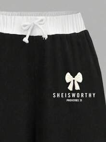 Teen Girl Letter Bow Pattern Print Short Sleeve T-Shirt And Wide Leg Long Pants Casual Set - Black - View 6