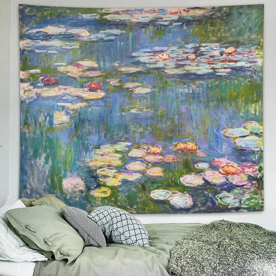 Waterlily Wall Tapestry, Green Floral Plant Art Poster For Bedroom Girls Boys, Small Nature Flower Pond Wall Hanging, Watercolor Tapestries For Living Room Dorm Decor 50"L X 60"W - 多色-7 - 查看 1