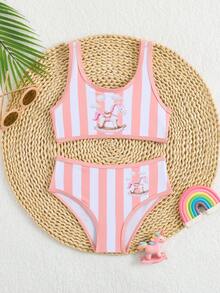 小女孩卡通马条纹印花两件式泳衣，女童比基尼，沙滩度假泳装 - 彩色 - 查看 2