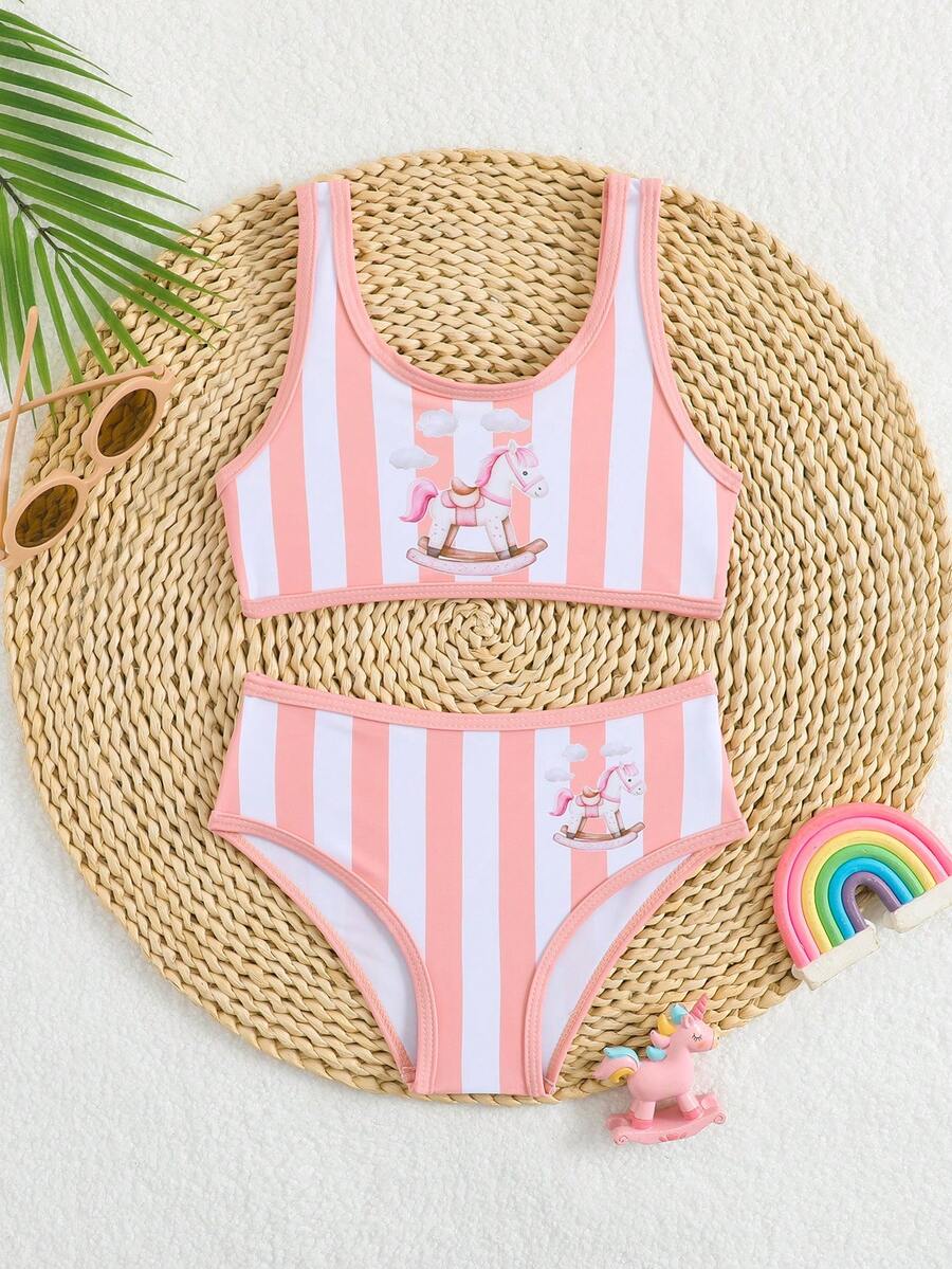小女孩卡通马条纹印花两件式泳衣，女童比基尼，沙滩度假泳装