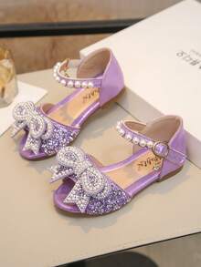 1 Pair Children's Sandals With Rhinestone, Pearl, Bow Decor, Gilly PU Patchwork Round Toe, Flat, Suitable For Daily Wear, Dance, Outdoor, Festivals, Parties, Glitter Princess Shoes, Fit For Spring, Summer, Autumn - Purple - View 6