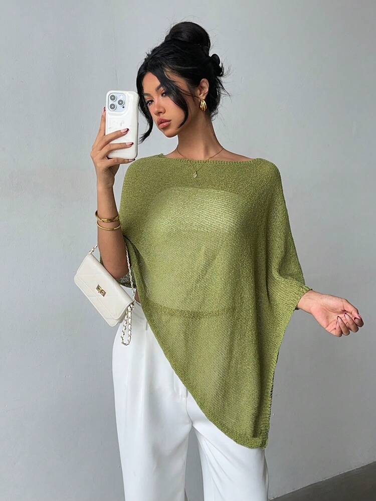 Fashionable & Elegant Loose Knitted Shawl Cardigan, Lightweight & Breathable, Oversized Design, Suitable For Women, Spring/Summer Casual Wear, Leisure Travel, Beach, Versatile - Green - View 6