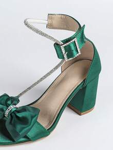 Women's Bow & Rhinestone Decor Chunky Heel Open Toe Ankle Strap Sandals, French Chic Style, Green High Heel Sandals For Summer - Green - View 7