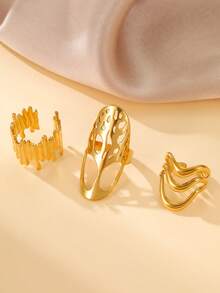 3pcs Minimalist Stainless Steel Gold-Plated Open Ring Set, Suitable For Women's Daily Wear And Gatherings - Gold - View 1