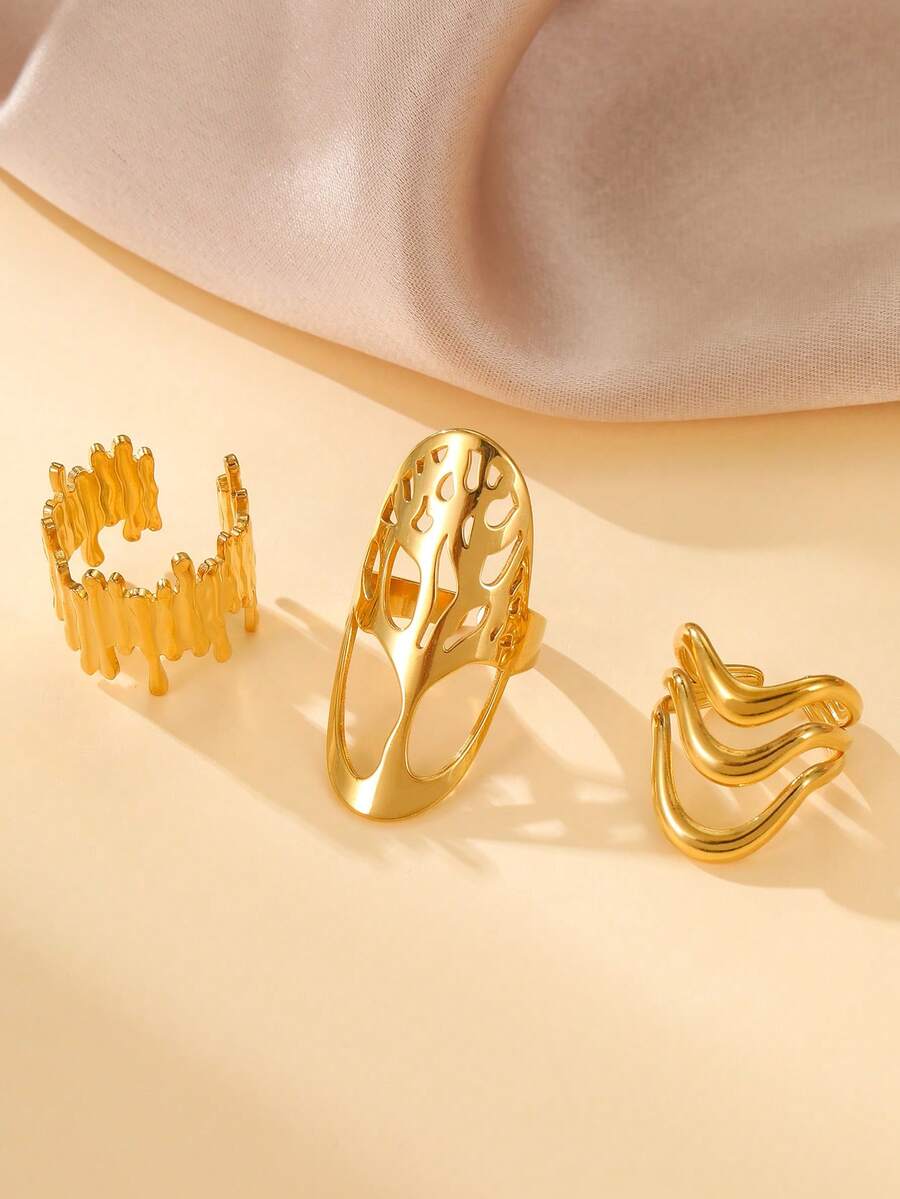 3pcs Minimalist Stainless Steel Gold-Plated Open Ring Set, Suitable For Women's Daily Wear And Gatherings - Gold - View 1