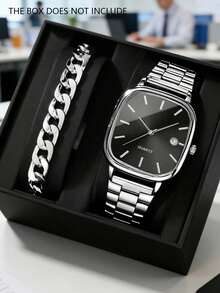 4件套简约商务男士石英表，男士银色配饰套装（包括2块黑白表盘方形石英表和2条银色链式手链），采用银色金属表带和链式手链，简约精致的风格展现男士的成熟品味。