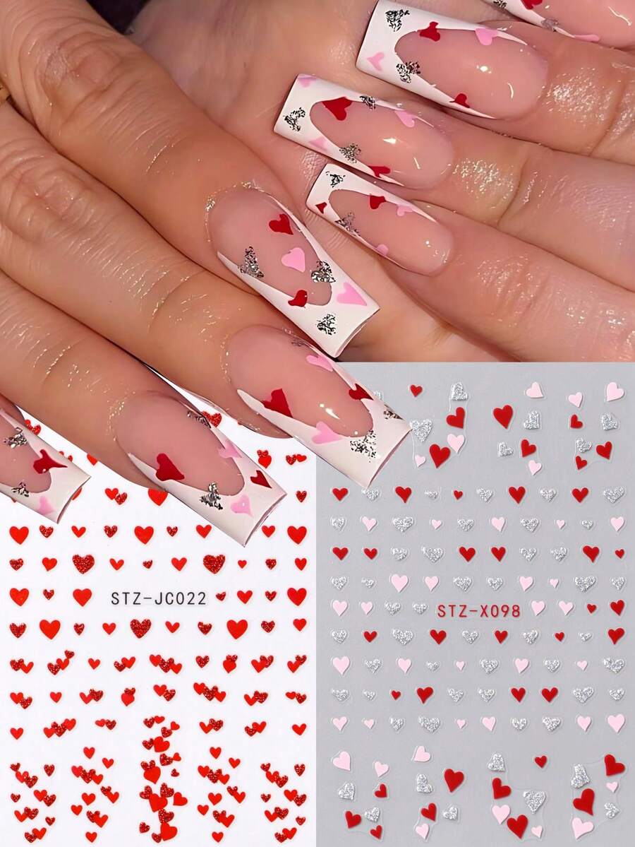 2 piezas Pegatinas de arte de uñas en forma de corazón mini con brillo rojo, rosa y plateado, corazones superpuestos, decoración de uñas brillante para el Día de San Valentín, suministros de uñas para mujeres y niñas para manualidades - Multicolor - Ver 1
