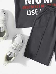 Conjunto informal de camiseta de manga corta con estampado de eslogan y pantalones cortos para niño joven - Gris Oscuro - Ver 5