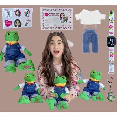 Rene Peluche Rana – Regalo Bonito para Niños, Rana René Lara Campos 30 cm con Overol, Set de 8 Piezas: Reloj, Llavero, Ropa, Tarjetas, Pegatinas, Peluche de Rana y Caja de Regalo