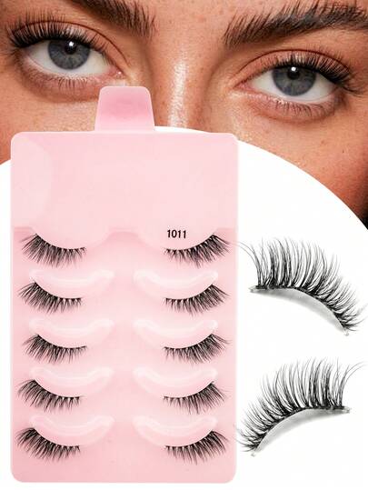 5 pares de pestañas postizas semitransparentes con tallo, fibra de mink falsa natural delgada y rizada, herramientas de maquillaje para extensión de pestañas, adecuadas para la vida diaria de las mujeres para alargar las esquinas de los ojos
