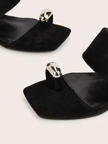 Elegant Metallic Minimalist Black Suede Square Toe Metal Decor Roman Style Wedge Sandals, Suitable For Party And Commute - Black - View 4