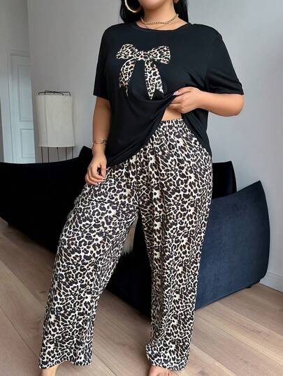 舒适休闲蝴蝶结印花短袖豹纹长裤睡衣套装，大码女款