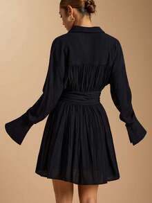 Women's Textured Pleated Flare Sleeve Casual Solid Color Shirt Dress - Black - View 2