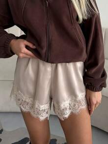 Satin Silk Boxers Shorts For Women Y2k Lace Trim Micro Mini Pajama Shorts French Knickers Low Rise Coquette Lounge Slip Pj Bottoms - Bụi hồng - Xem 3