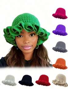 1pc Solid Color Hand-Knitted Crochet Cap, Bohemian Style Pleated Floppy Hat With Ruched Brim, Casual Cute Retro Street Fashion Polyester Knit Bucket Hat - Multicolor - View 12