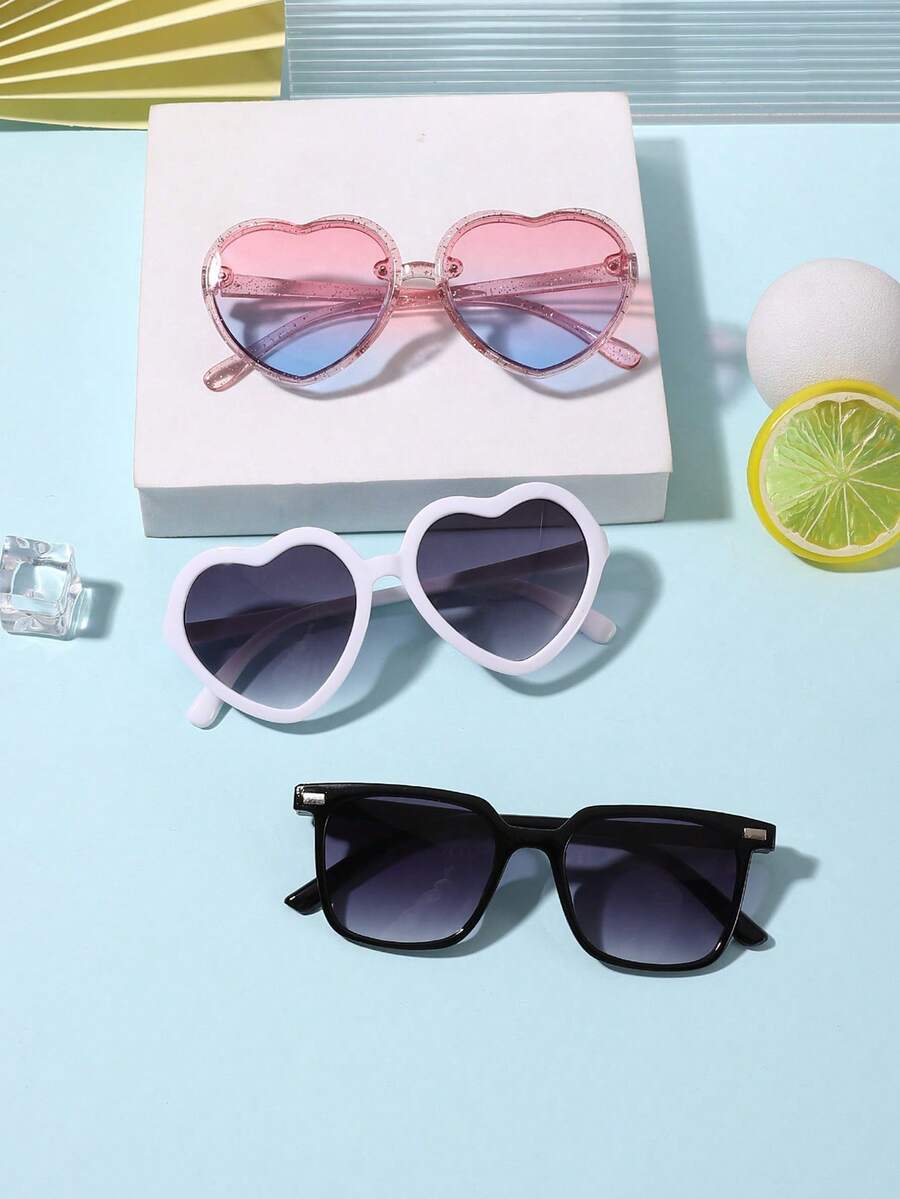 1Set 3PCS Boy's And Girl's 4-8Y Sweet And Cute Heart Frame And Casual Basic Rectangular Polycarbonate Frame Fashion Glasses For Everyday Outfit Pairings With Glasses Box - Multicolor - View 1