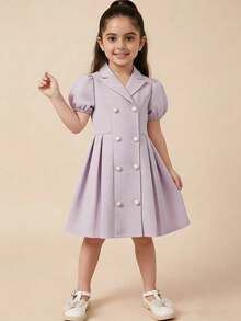 Young Girls Puff Sleeve Double-Breasted Collared Dress, Elegant Style For Spring & Summer - Purple - View 1