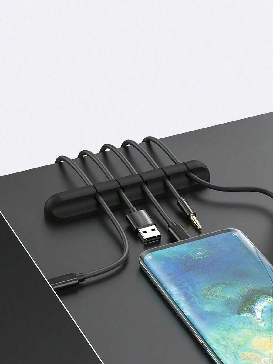 1pc Black 5-Hole Rubber Cable Organizer, Adhesive-Backed Cable Holder For Home/Office Phone Charger, Data Cable, Earphone Wire Management