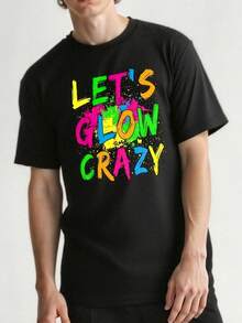 Men'S Retro Colorful Party T-Shirt With A Round Neck And Short Sleeves, Machine Washable, Featuring A Glow-In-The-Dark Graphic Print, Perfect For Nighttime Events And Gatherings. - 黑色 - 查看 2
