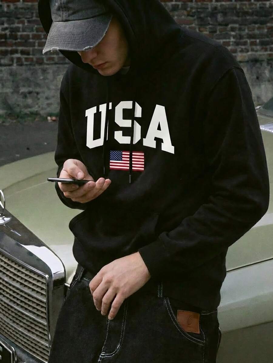男士休闲日常通勤多功能字母和美国国旗印花袋鼠口袋抽绳连帽衫，秋冬款 - 黑色 - 查看 1