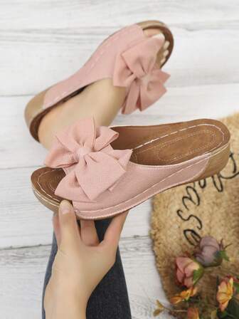 Women's Solid Color Slip-On Bow Decor Platform Slippers, Soft Beach Party Holiday Fashion Elegant Weddings Casual Sexy Outdoor Thick Sole Sandals, Summer