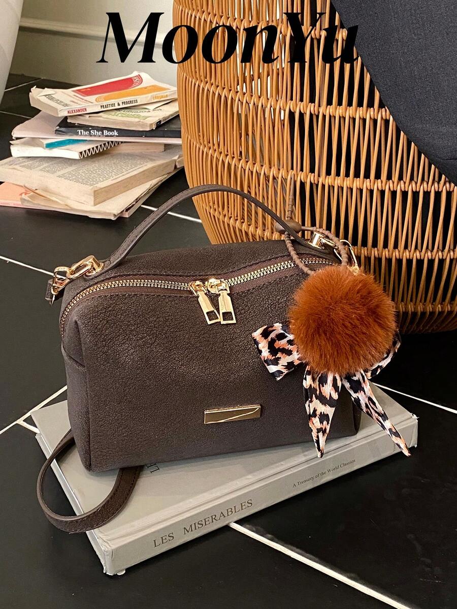 Women's Square Handbag, Fashion Minimalist Elegant Shoulder/Crossbody Bag With Pom Pom Scarf Charm, Suitable For Shopping, Commuting, Dating - Coffee - View 1