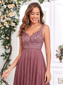 女士优雅V领亮片网纱A字型正式连衣裙，适合晚宴、派对、伴娘、婚礼宾客、毕业典礼、节日晚宴等场合。 - 藕粉色 - 查看 8