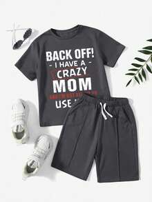 Conjunto informal de camiseta de manga corta con estampado de eslogan y pantalones cortos para niño joven - Gris Oscuro - Ver 1