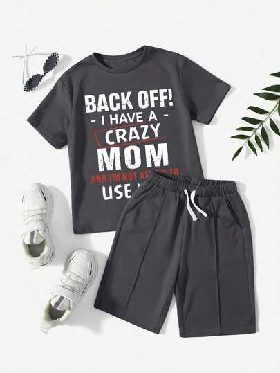 Slogan Graphic Print Short Sleeve T-Shirt And Shorts Casual Outfit For Young Boy