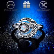 1枚925纯银复古独特花卉设计仿月光石星月戒指，适合日常休闲佩戴，节日和生日送给女性的礼物