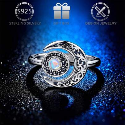 1pc 925 Sterling Silver Vintage Unique Floral Design Faux Moonstone Star Moon Ring, Suitable For Casual Daily Wear, Gift For Women On Holidays And Birthdays