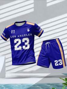 Men's Number 23 Print Short Sleeve T-Shirt And Shorts Set, Fashionable For Summer Sports - Blue - View 4