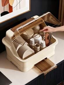 1pc Large Kitchen Draining Bowl Cabinet With Cover, Holds Bowls, Plates, Cutlery, Household Dish Storage Rack, Kitchen Storage Organizer - Multicolor - View 4