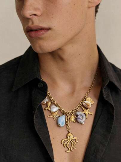 1pc Ocean Theme Golden Pendant Necklace, Decorated With Octopus, Starfish, Shell And Turtle Pendants, Perfectly Showcasing Summer Vibes, Bold Beach Fashion, Unisex, Valentine's Day Gift, Men's Necklace