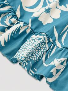 Women's Long Allover Print Spaghetti Strap Maxi Dress, All-Over Bohemian Casual Ruffled Tie Waist Dress - Teal Blue - View 6