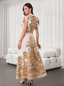 Women's Elegant Bohemian Floral-Print Dress – Sleeveless, Collared, Waist Belt With Japanese-Style Buckle, Ruffled Hem, Perfect For Vacations & Casual Wear Elegant Dresses For Women Women's Ramadan Clothes - Apricot - View 2