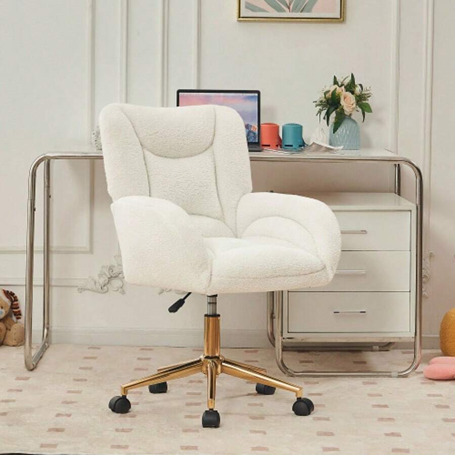 KD Teddy Height-Adjustable Swivel Chair In Fabric, With Gold Legs, White, Ideal For A Home Office. - White - View 1