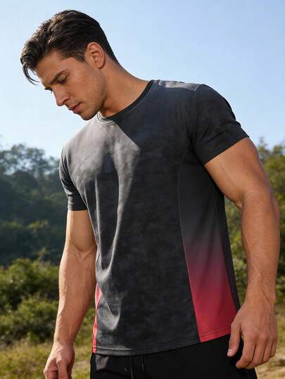 Slim-Fit Gray-Black And Red Tie-Dye Gradient Short Sleeve T-Shirt, Breathable Workout Fitness Tee For Men Summer