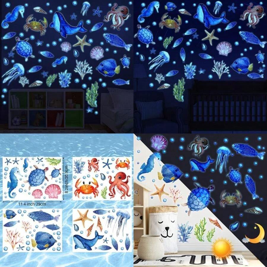 97 piezas Brillan en la oscuridad Mar pared Calcomanía Pegatinas Oceano pared Calcomanías Impermeable Retirable Brillante Pegatina por Niños Cuarto Decoración ()(Azul)