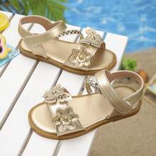 Girls' Gold Rhinestone Flower Sandals, Woven Strap Princess Dress Shoes