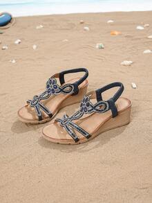 Women's Rhinestone Embellished Wedge Heel Open Toe Sandals, Summer - Blue - View 7
