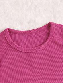 1 pieza Camiseta de niña de cuello redondo de punto acanalado versátil, casual y minimalista, color fucsia - Rosa Fucsia - Ver 4